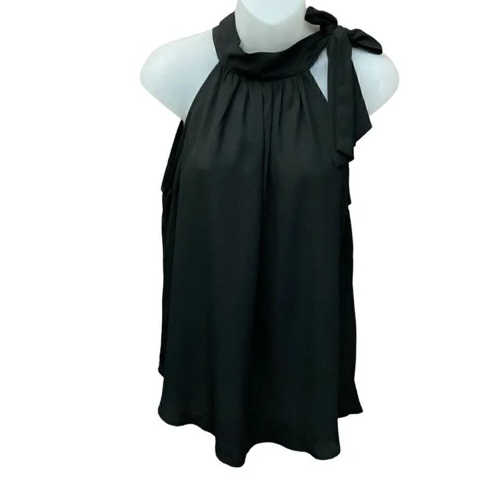 TCEC Halter Top Blouse Bow Tie Ribbon Neck Black Sleeveless Women Size Large